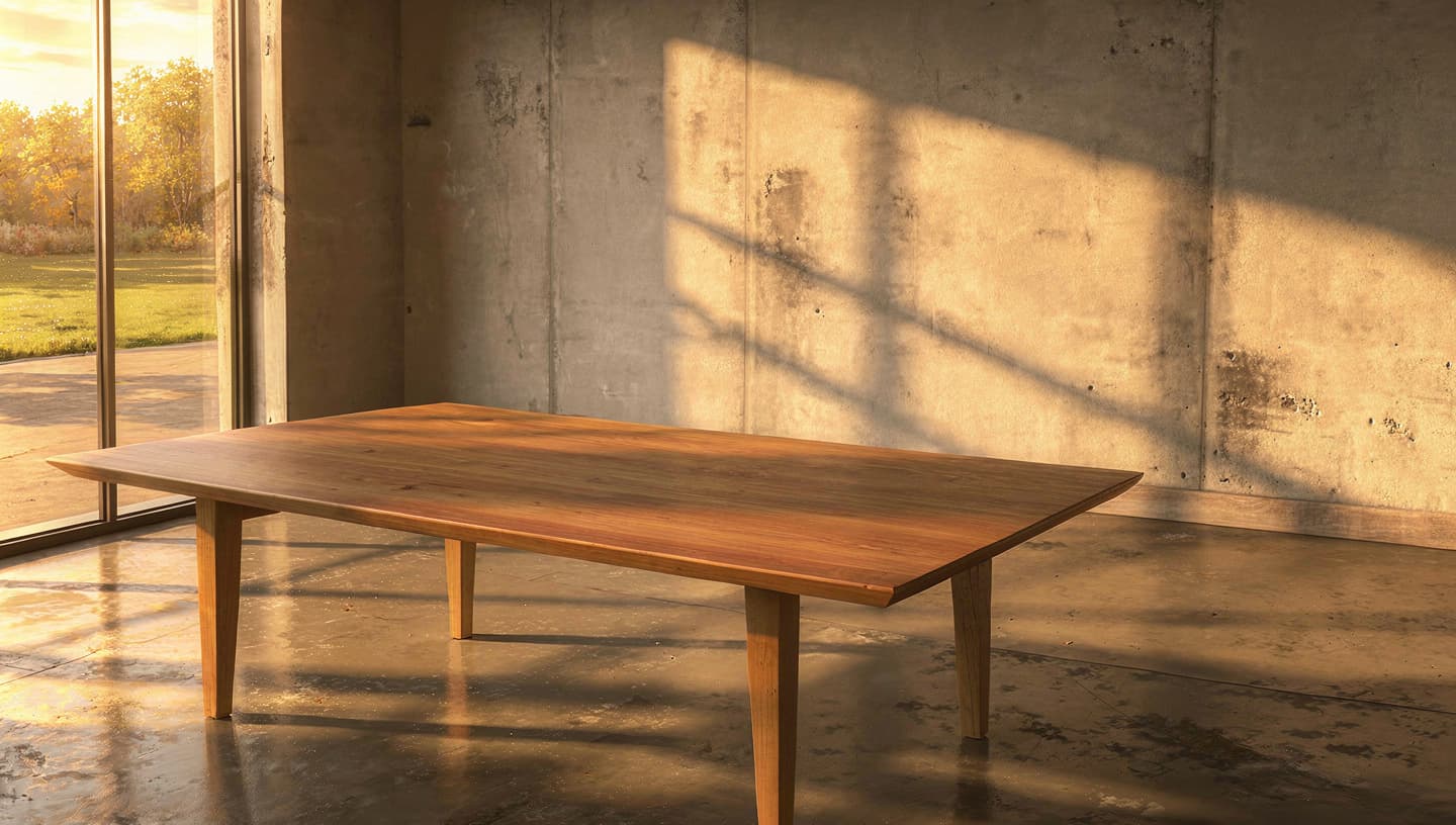 Et stille rom med et bord og én tydelig start i mykt morgenlys.