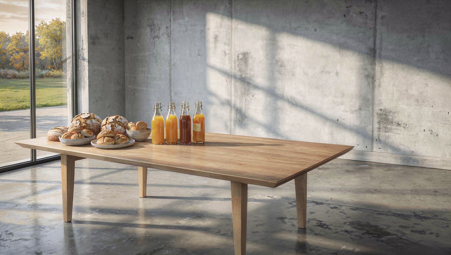 Bordet fylles videre med varer og rommet føles mer aktivt.