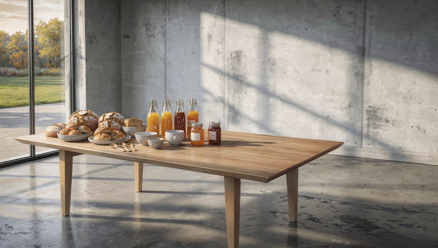 Et rom i midt på dagen med tydelig vekst rundt bordet.