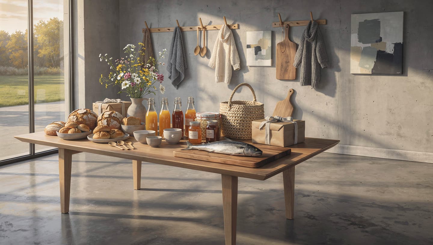 Det samme rommet sent på dagen, med tydeligere momentum og flere varer.