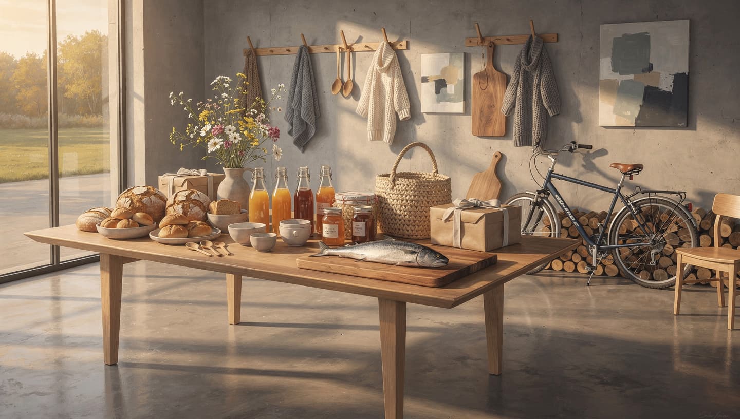 Et rom som gradvis har blitt fylt med varer i varm ettermiddagssol.